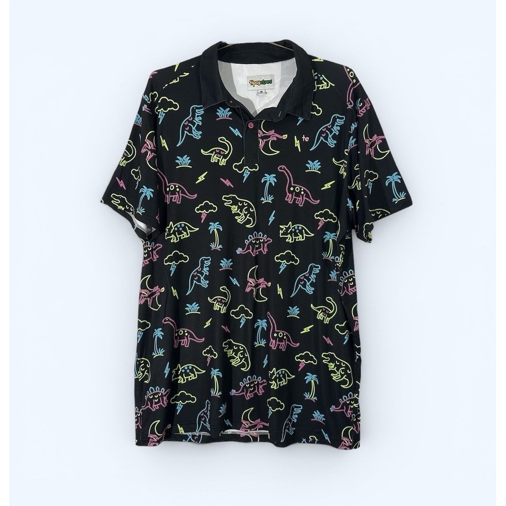 Tipsy Elves Men's 2XL AOP All Over Dinosaur Print Golf Polo Shirt NEON Dino